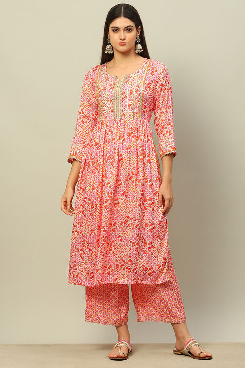 Orange Viscose Muslin Straight Printed Kurta Palazzo Suit Set image number 6