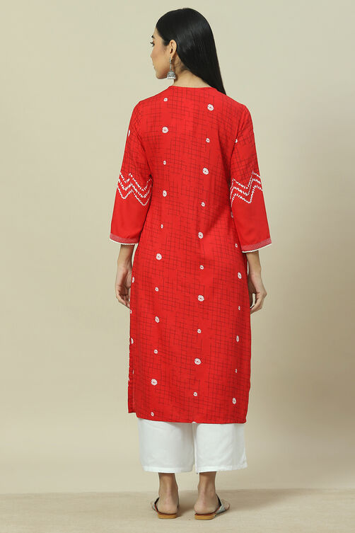 Red LIVA Straight Kurta image number 4