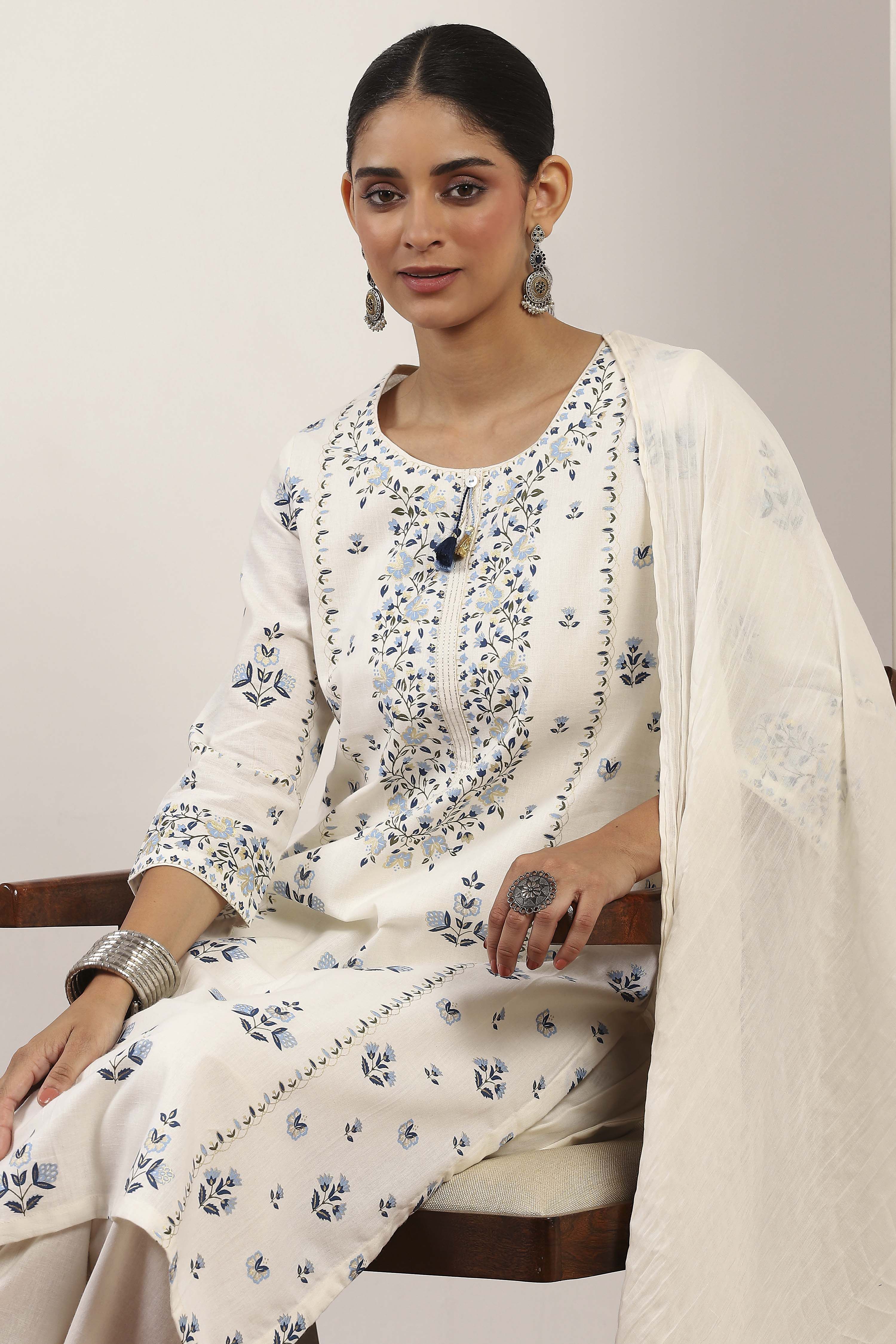 White Cotton Blend Straight Suit Sets image number 7