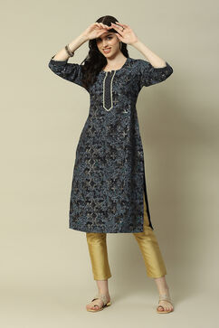 Blue LIVA Straight Printed Kurta image number 5