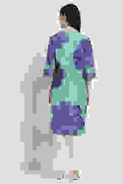 Teal Cotton Floral Straight Kurta image number 3