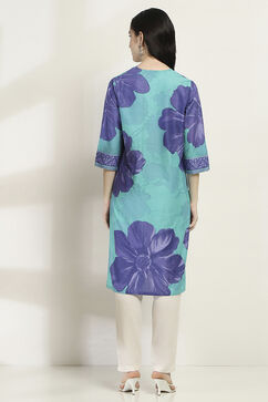 Teal Cotton Floral Straight Kurta image number 3