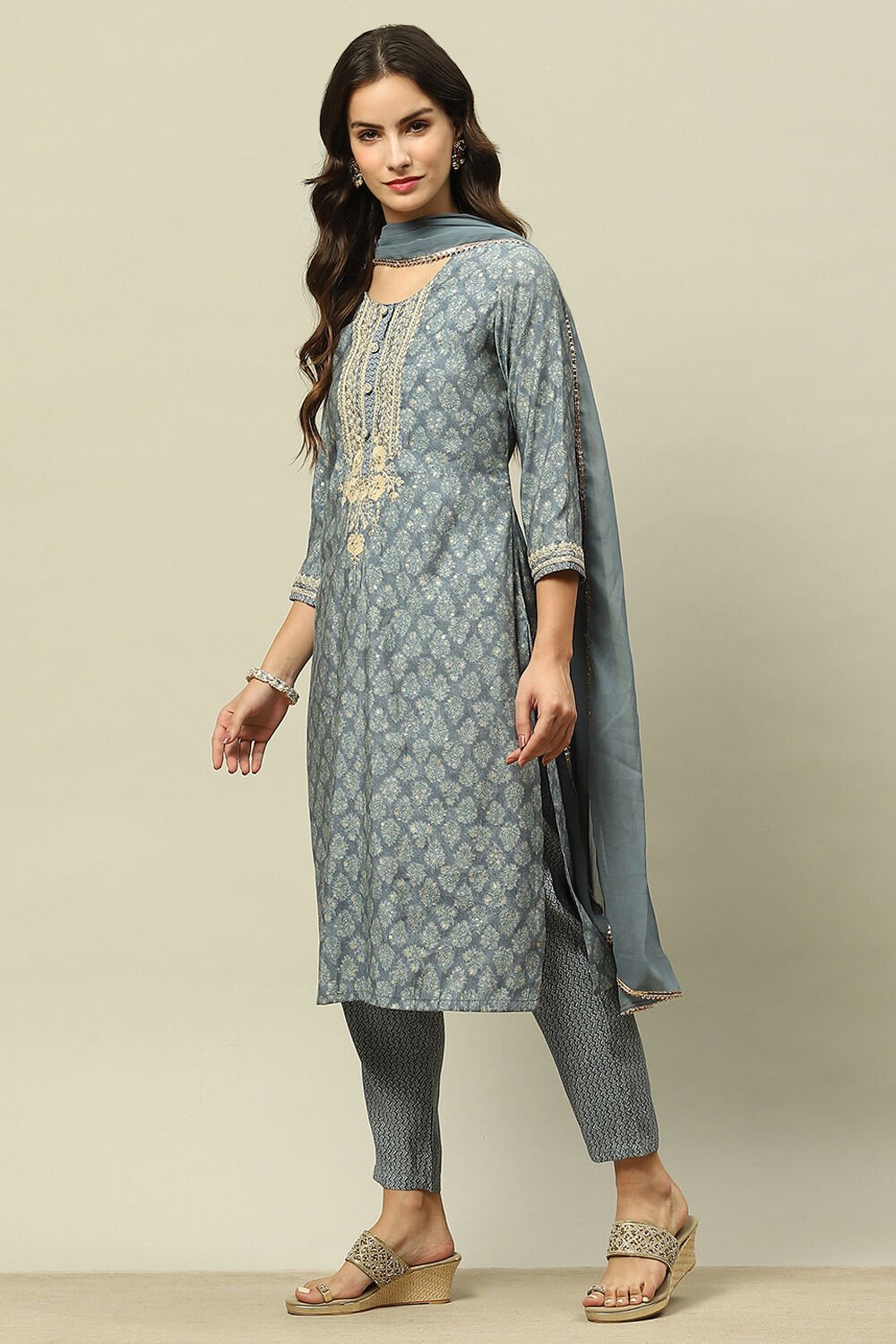 Blue Viscose Muslin Straight Printed Kurta Pants Suit Set image number 3