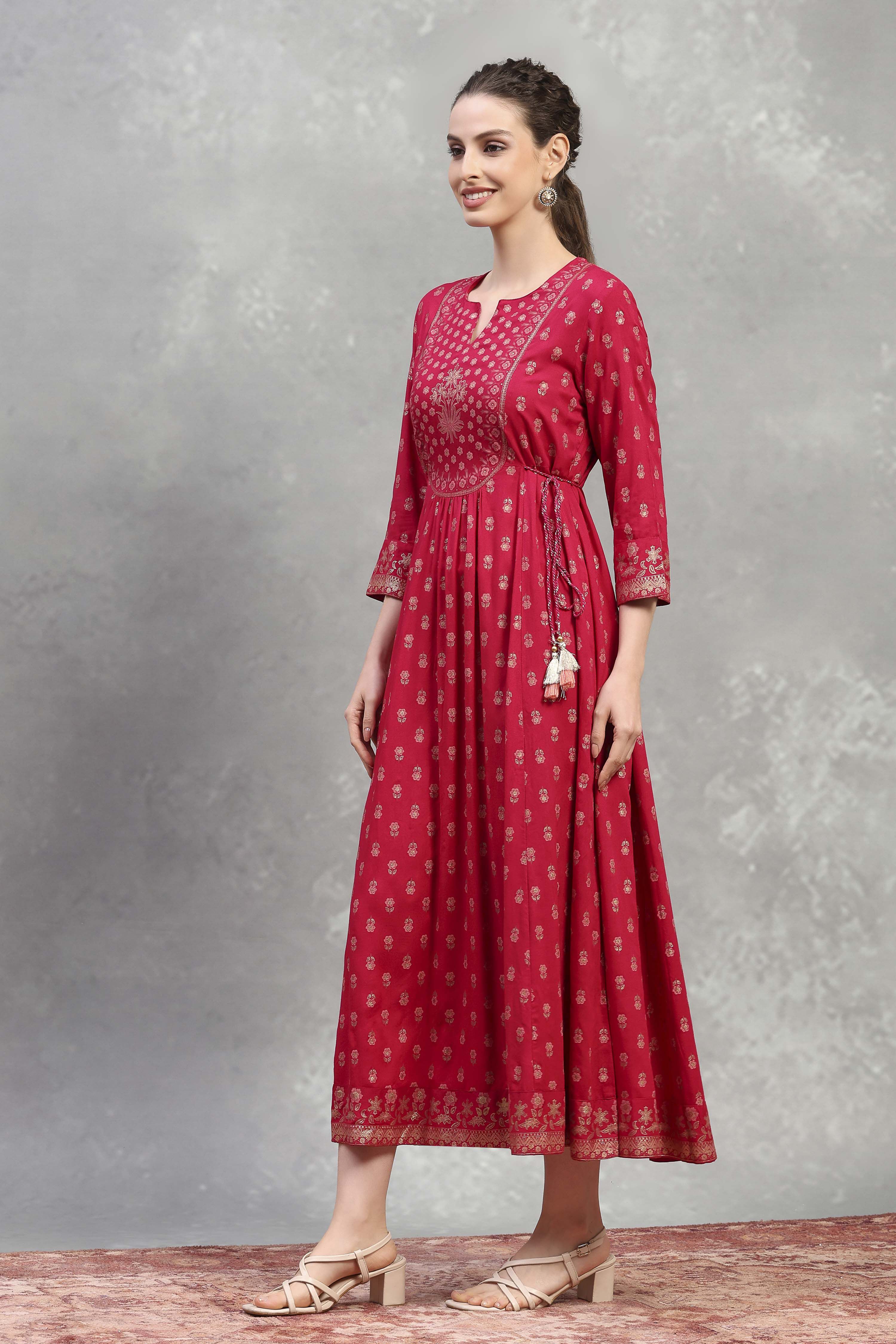 Pink Viscose Rayon Printed Flared Dress image number 2