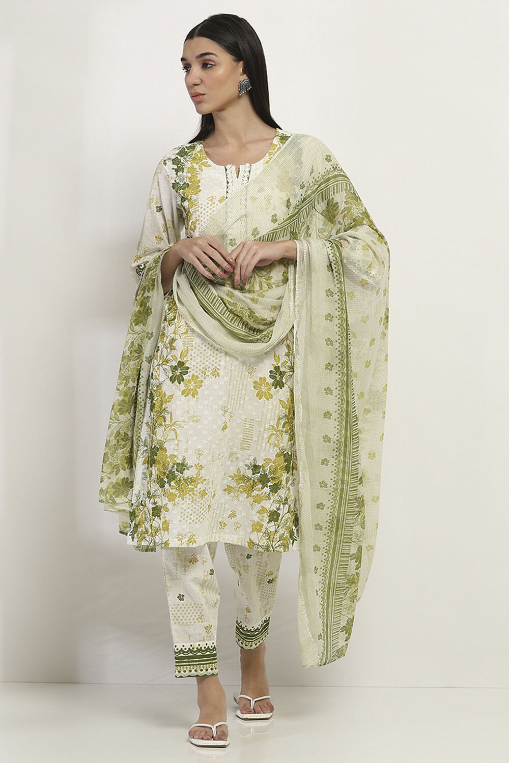 Lime Green Cotton Printed Straight Suit Set image number 0