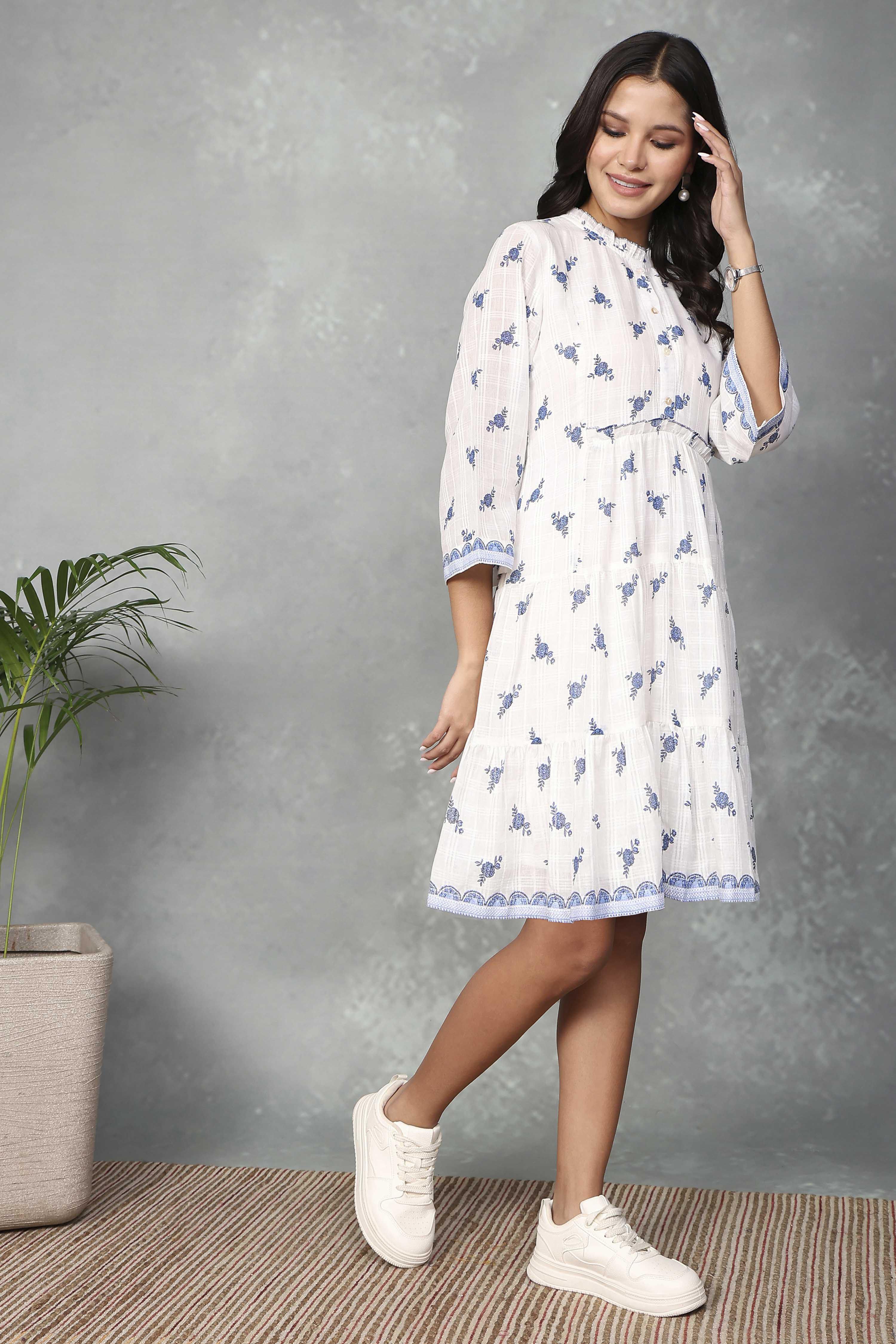 White Cotton Printed Tiered Dress image number 4