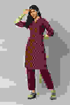 Red Cotton Blend Straight Printed Kurta Palazzo Suit Set image number 0