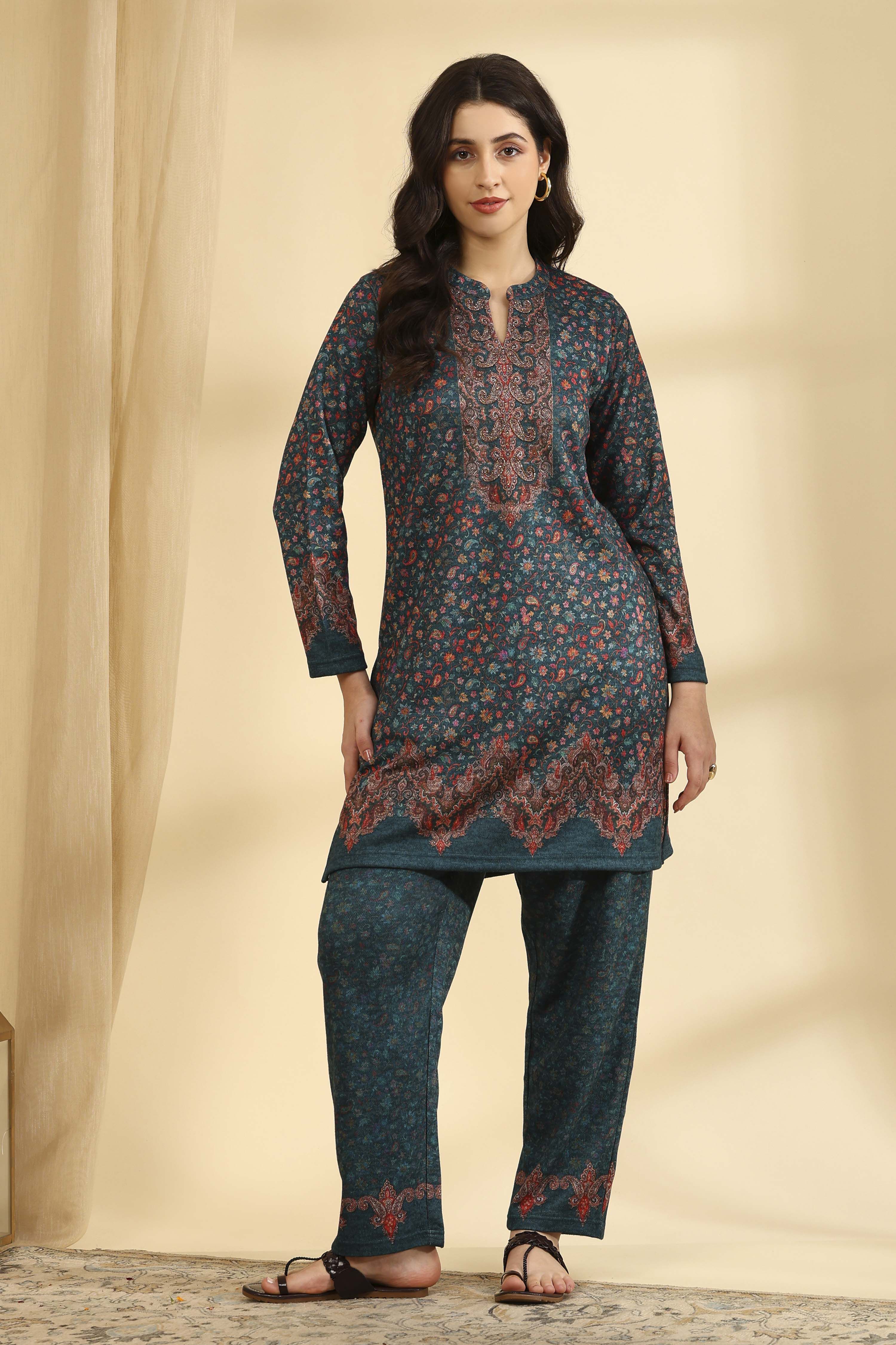 Teal Acrylic Straight Printed Kurta Pants Set image number 6