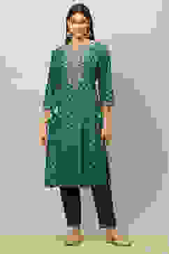 Teal Blue Viscose Muslin A-Line Printed Kurta Salwar Pants Suit Set image number 6