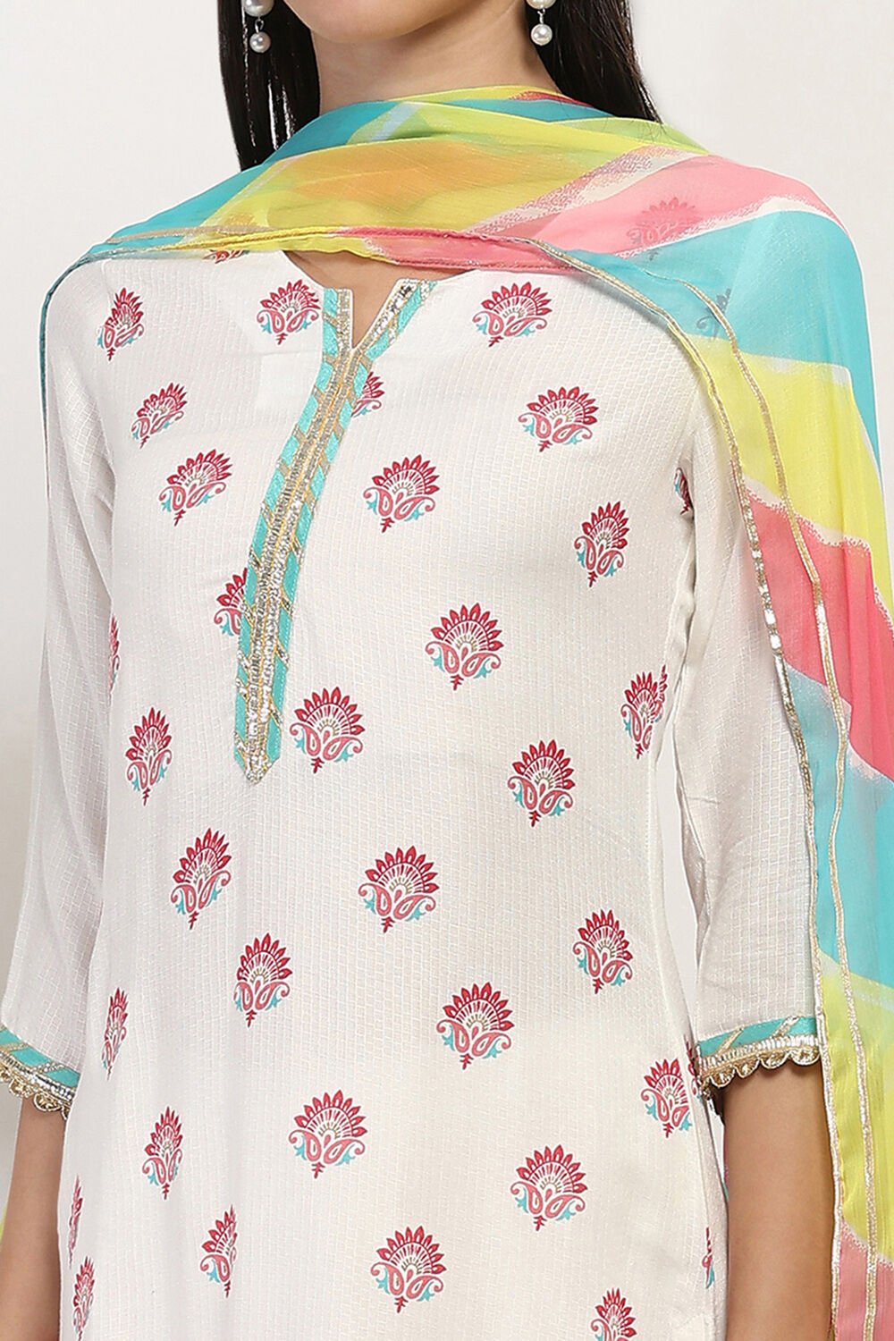 White Printed Straight Suit Set image number 1