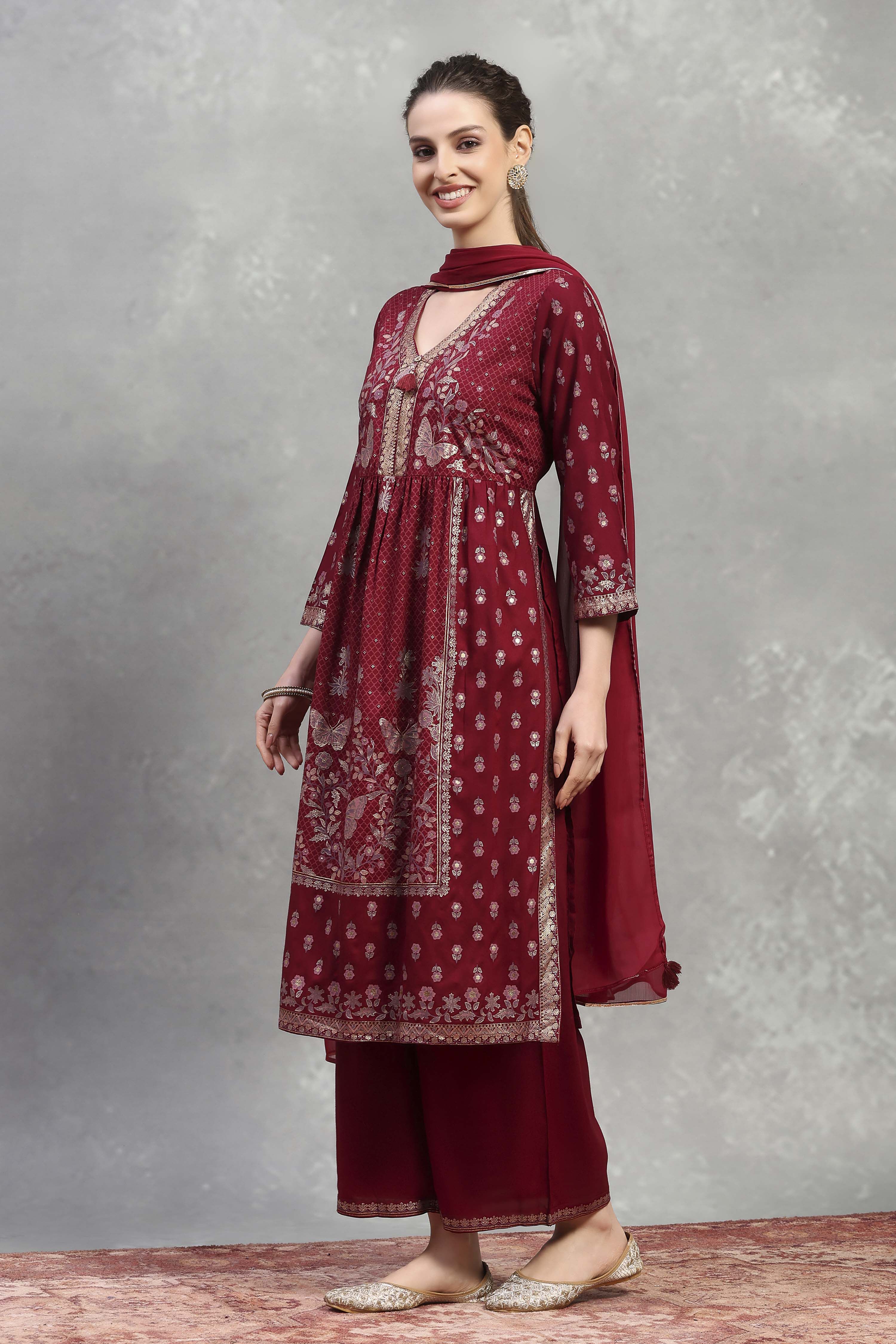 Green-Maroon Viscose Rayon Printed Gathered Suit Set image number 3