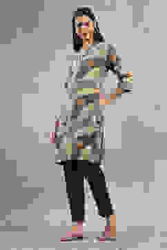 Ecru and Brown Printed Straight Kurta image number 2