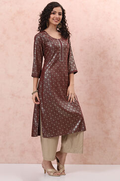 Maroon LIVA Straight Kurta image number 3