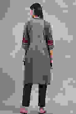 Black Cotton Textured Straight Kurta image number 3