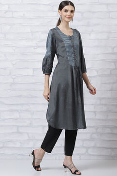 Dark Grey LIVA Gathered Kurta image number 3