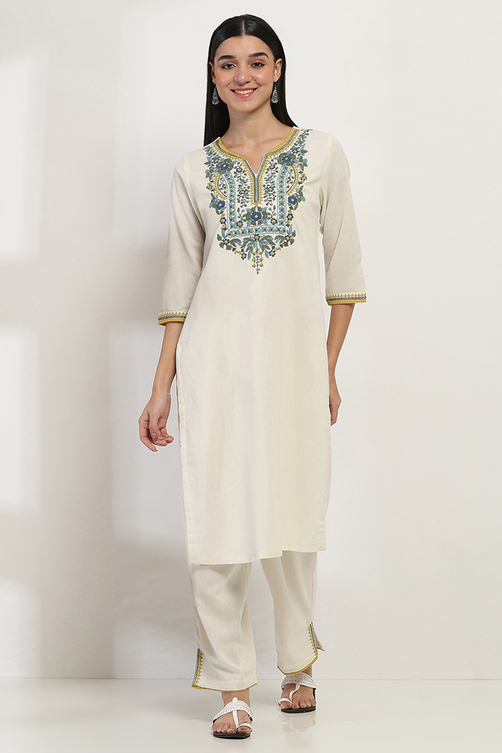 Navy Blue Cotton Blend Straight Kurta Set image number 5