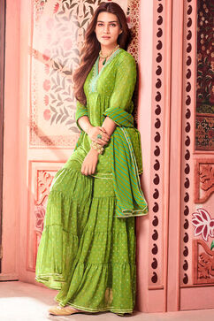 Green Viscose Gathered Printed Kurta Sharara Suit Set image number 0