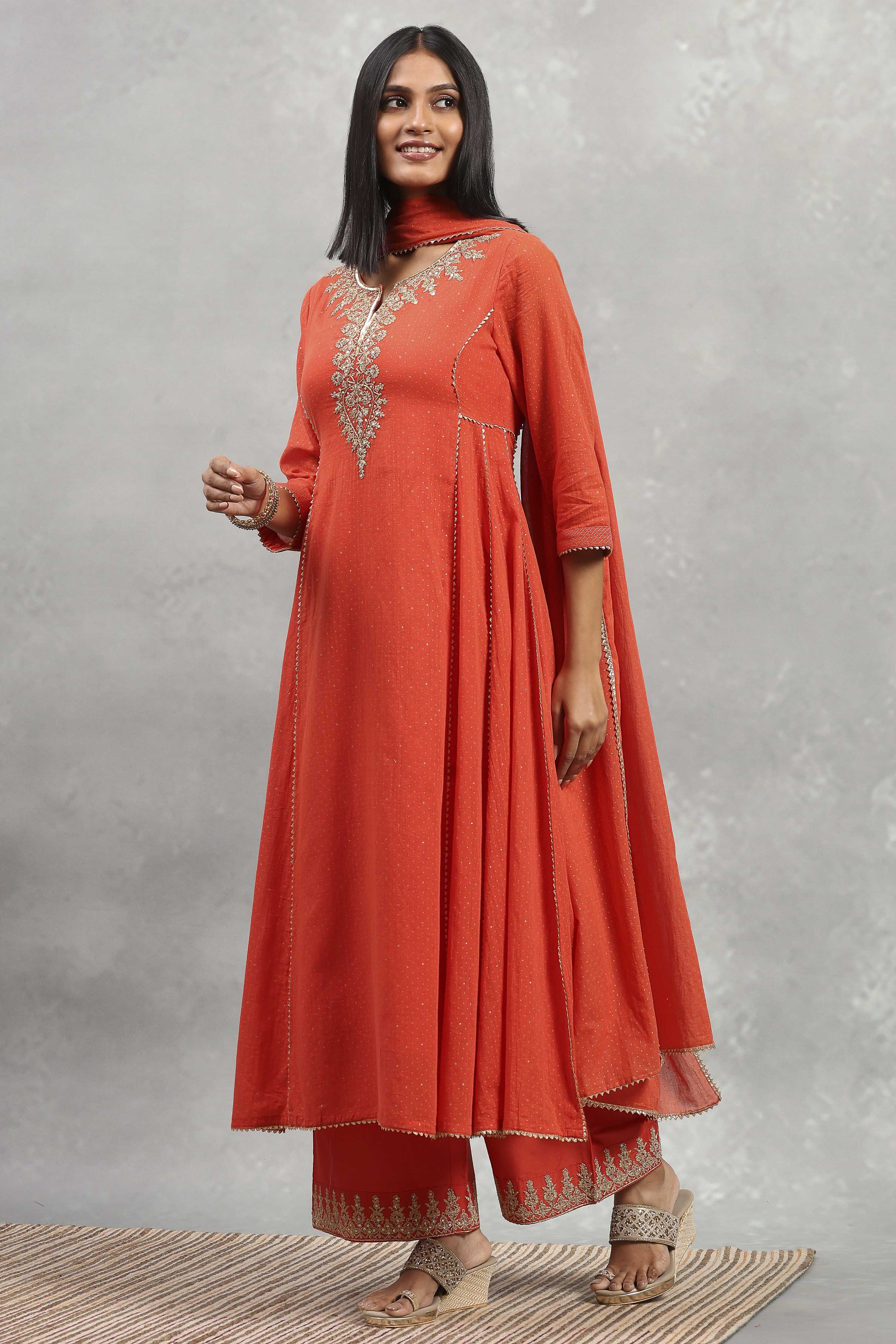 Orange Cotton Printed Kalidar Suit Set image number 3