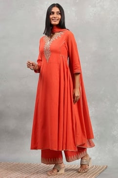 Orange Cotton Printed Kalidar Suit Set image number 3