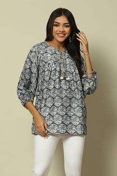 Grey & Blue Cotton Tiered Printed Top image number 5