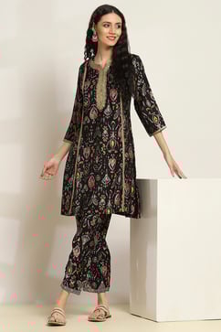 Black Viscose Blend Printed A-Line Kurta Pants Set image number 0