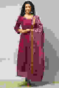 Wine Polyester A-Line Solid Dress image number 6