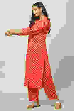 Red Striped Straight Kurta Set image number 3