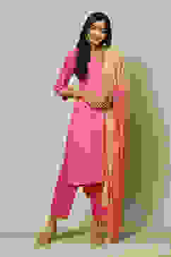 Pink LIVA Straight Printed Kurta Palazzo Suit Set image number 7