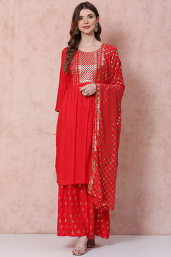 Red Flared Printed Suit Set image number 0