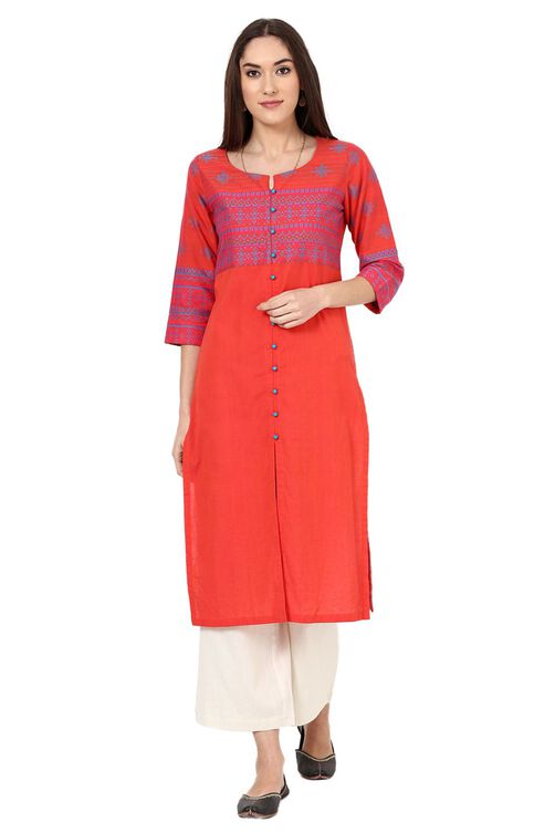 Orange Straight Poly Cotton Kurta image number 0