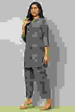 Navy Blue Printed Straight Kurta Pants Co-ord Set image number 3