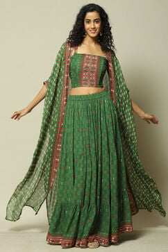 Green Polyester Straight Printed Kurta Skirt Suit Set image number 0