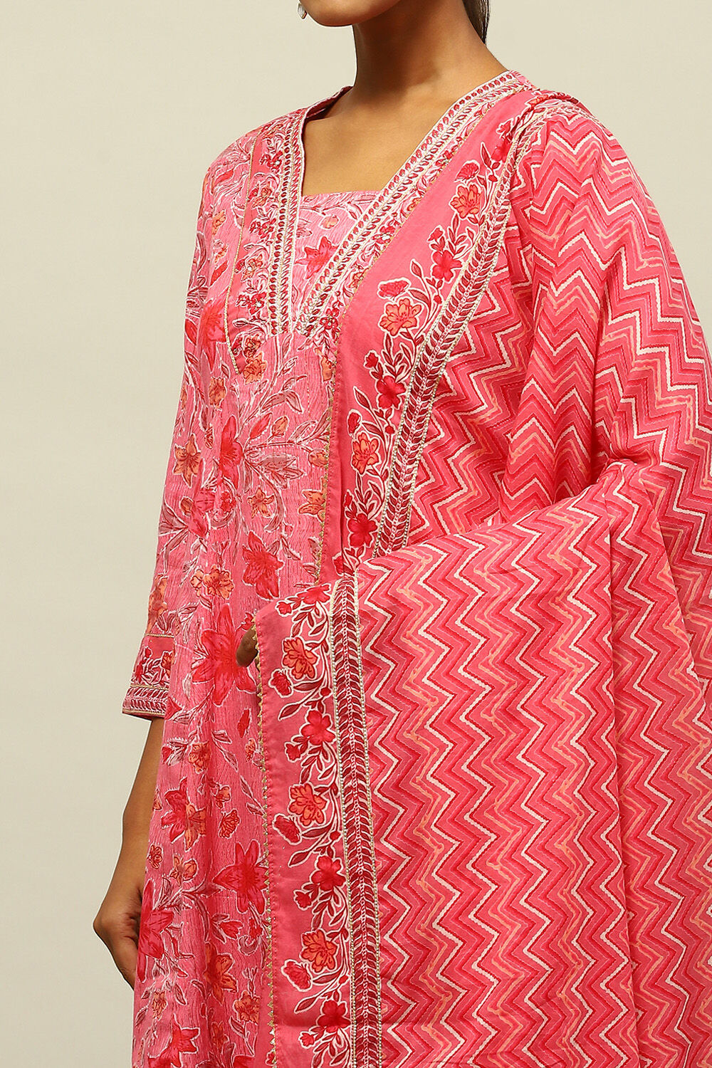 Pink Cotton Lurex A-Line Printed Kurta Salwar Suit Set image number 6