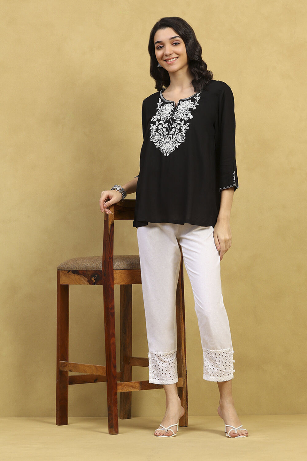 Black Viscose Rayon Embroidered Straight Top image number 0