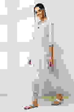 White and Blue Cotton Printed Straight Kurta image number 2