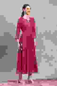 Pink Viscose Rayon Printed Flared Dress image number 4