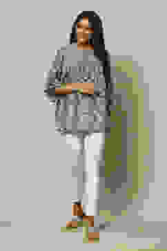 Grey & Blue Cotton Tiered Printed Top image number 0