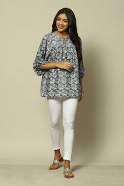 Grey & Blue Cotton Tiered Printed Top image number 0