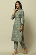 Olive Green Viscose Blend Straight Suit Set image number 4