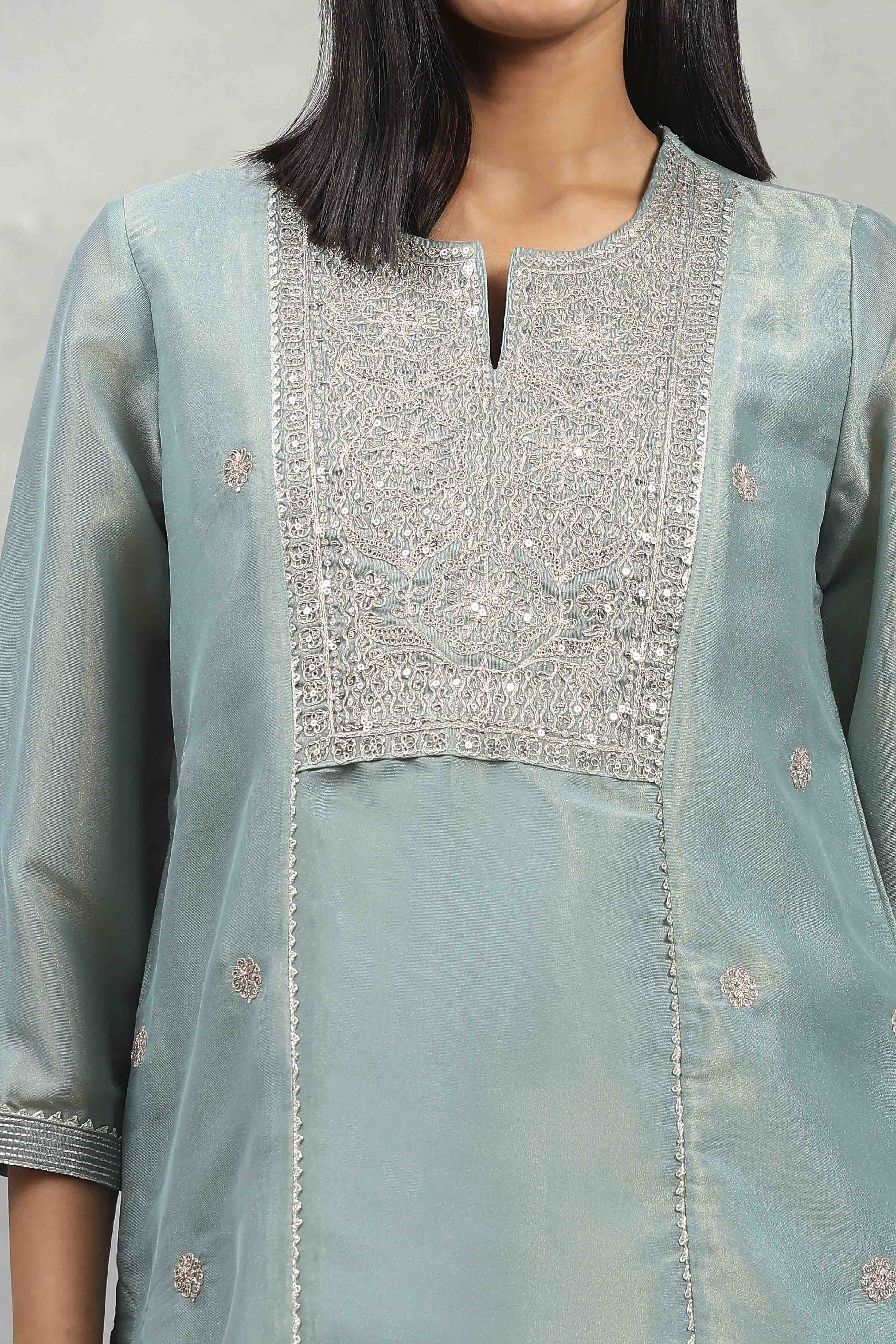 Dust Blue Tissue Solid Straight Suit Set image number 1