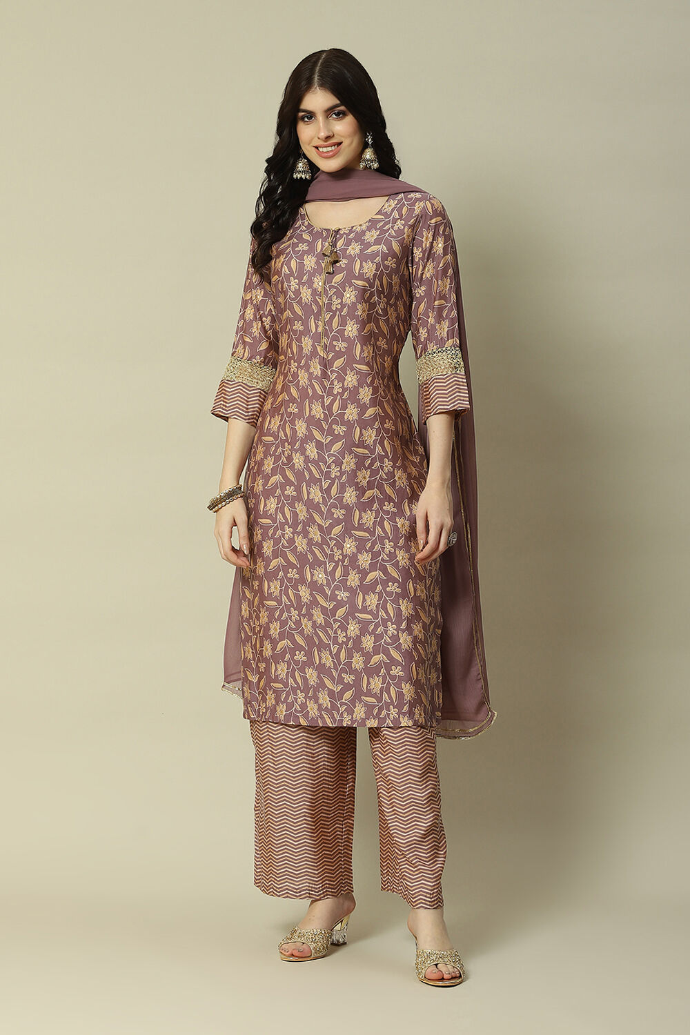Mauve LIVA Straight Printed Kurta Palazzo Suit Set image number 0
