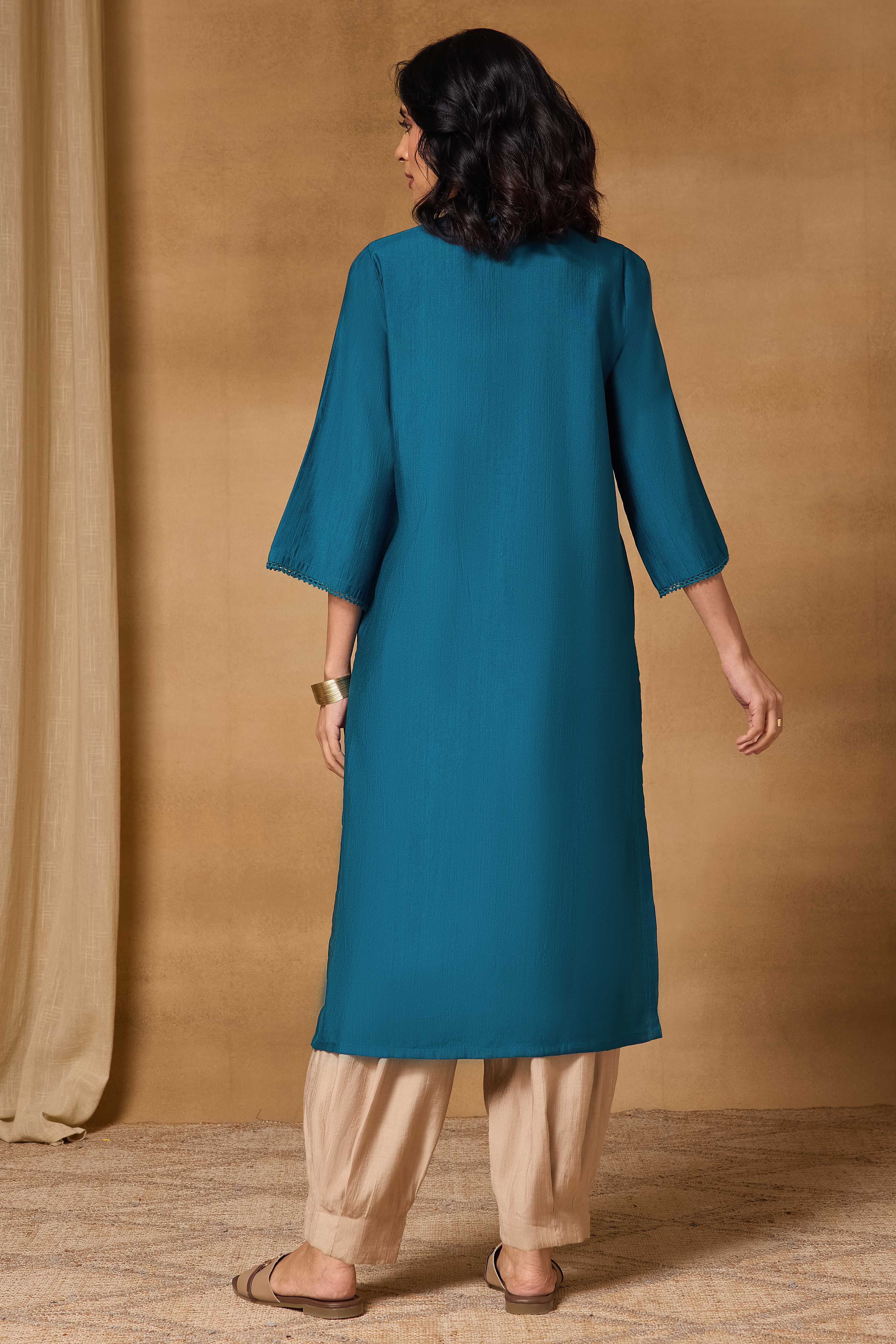 Teal Viscose Blend Straight Solid Kurta image number 3