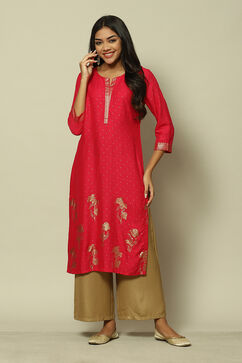 Pink LIVA Straight Printed Kurta image number 5