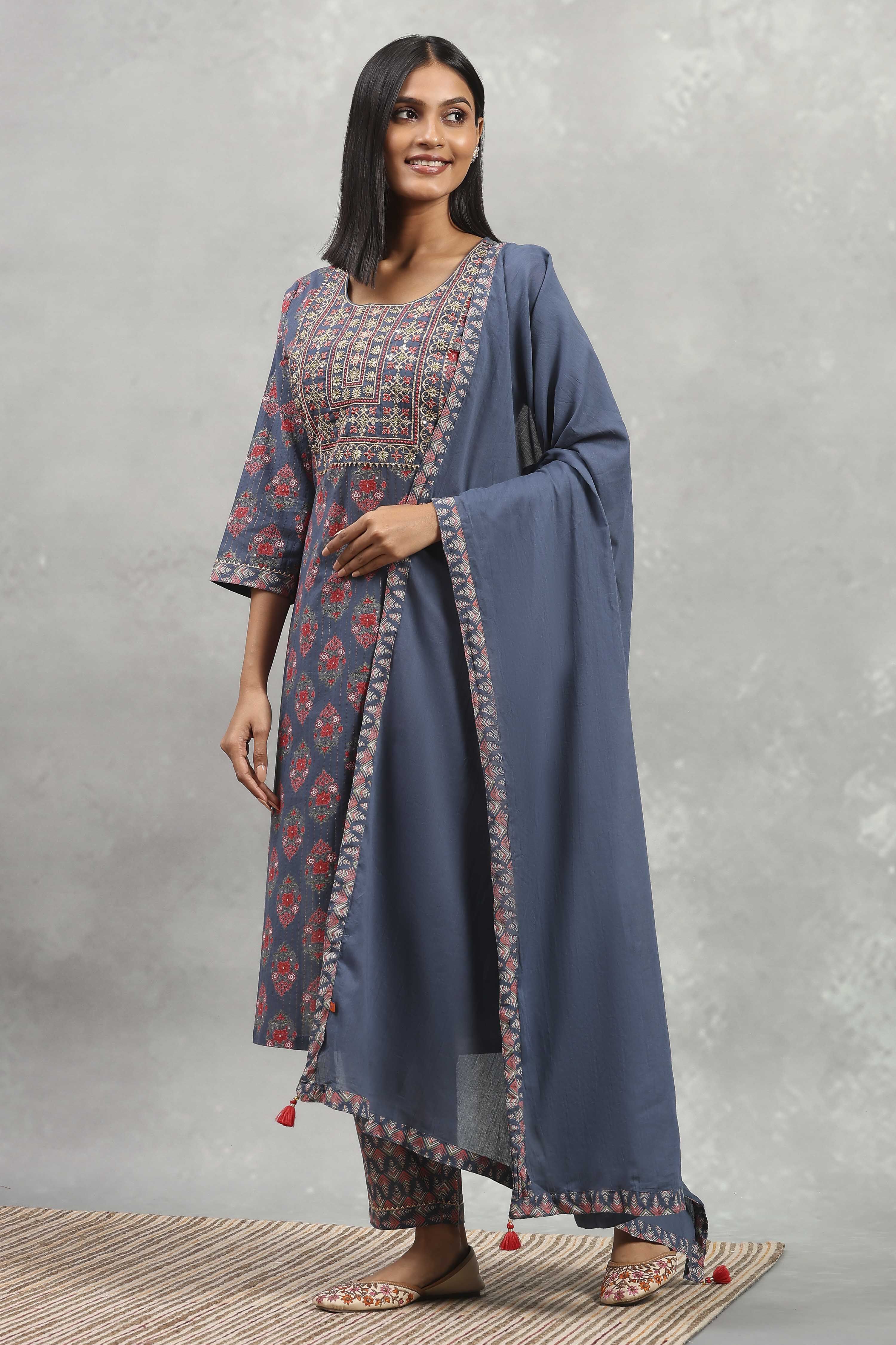 Indigo Cotton Printed Straight Suit Set image number 3