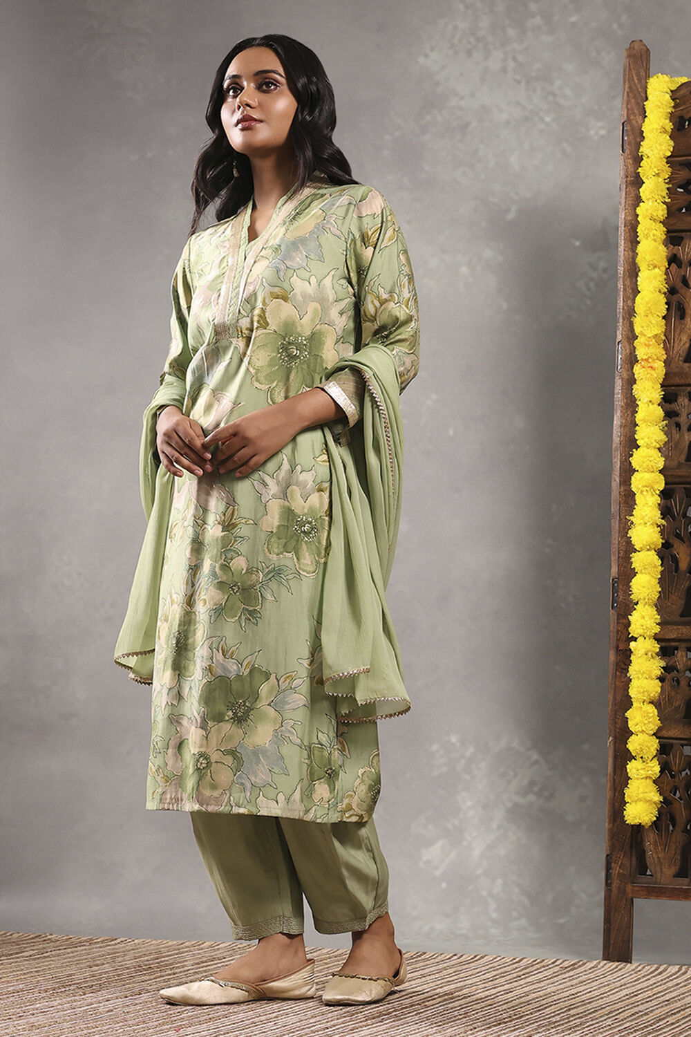 Mustard Viscose Blend Printed Straight Suit Set image number 3