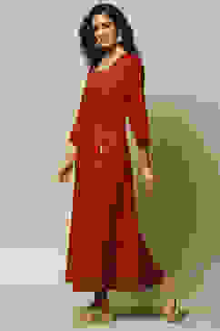 Rust LIVA Flared Printed Dress image number 2