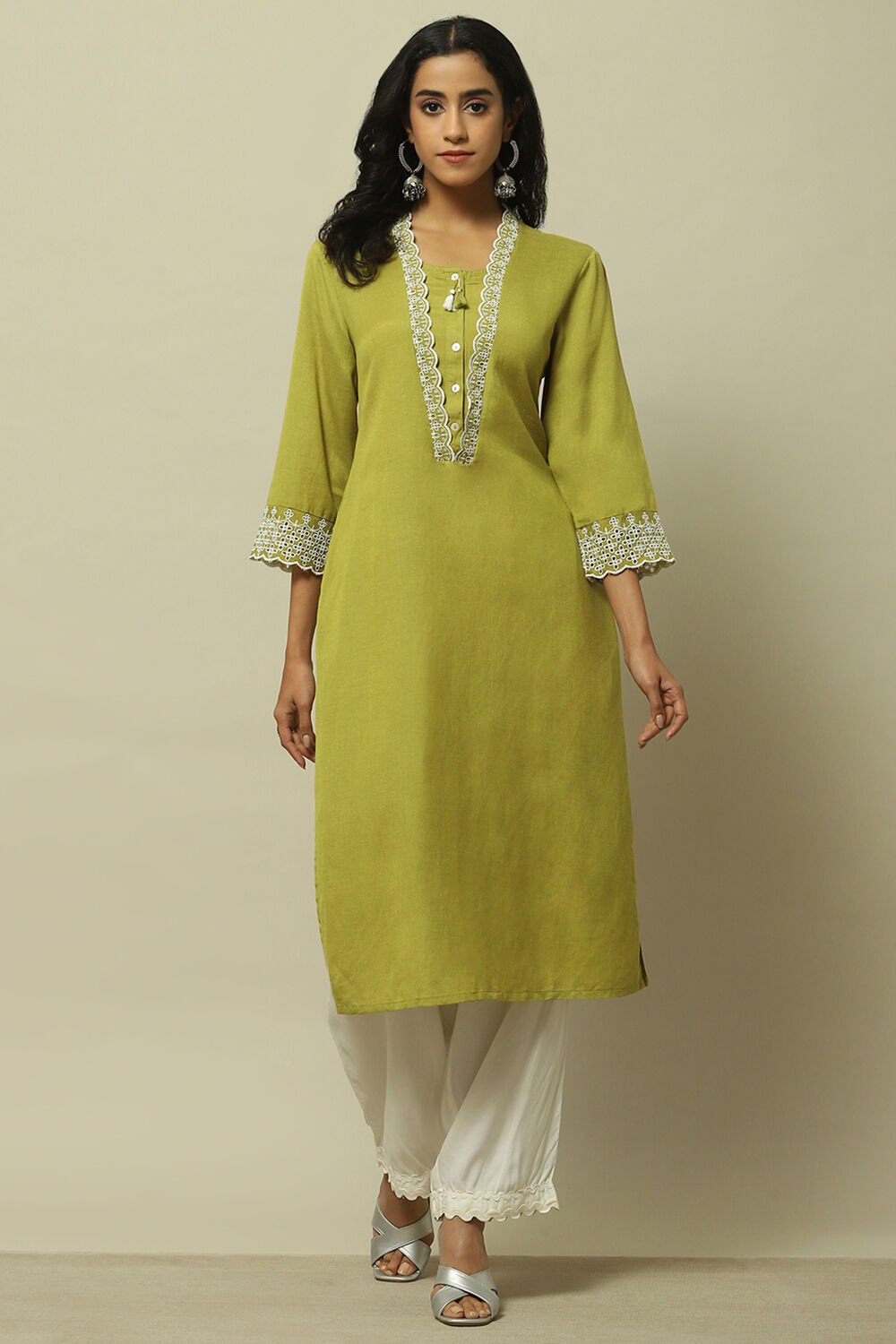 Lime Green Solid Straight Kurta image number 5