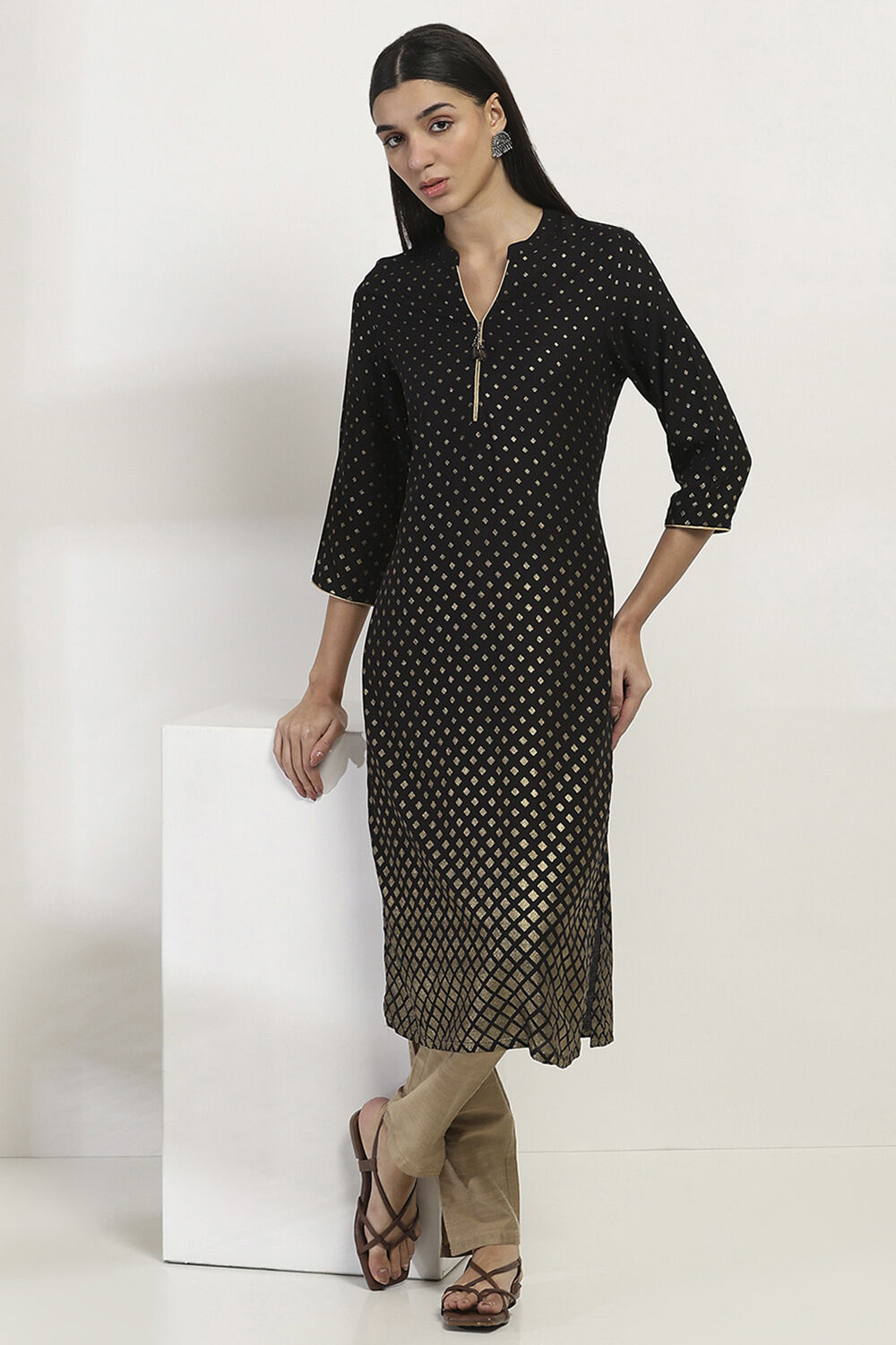 Black Printed Straight Kurta image number 0