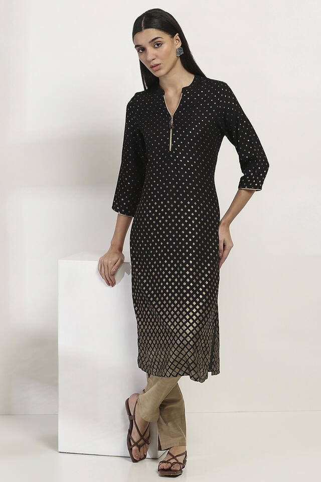 Rangriti Black Viscose Straight Kurta in Black