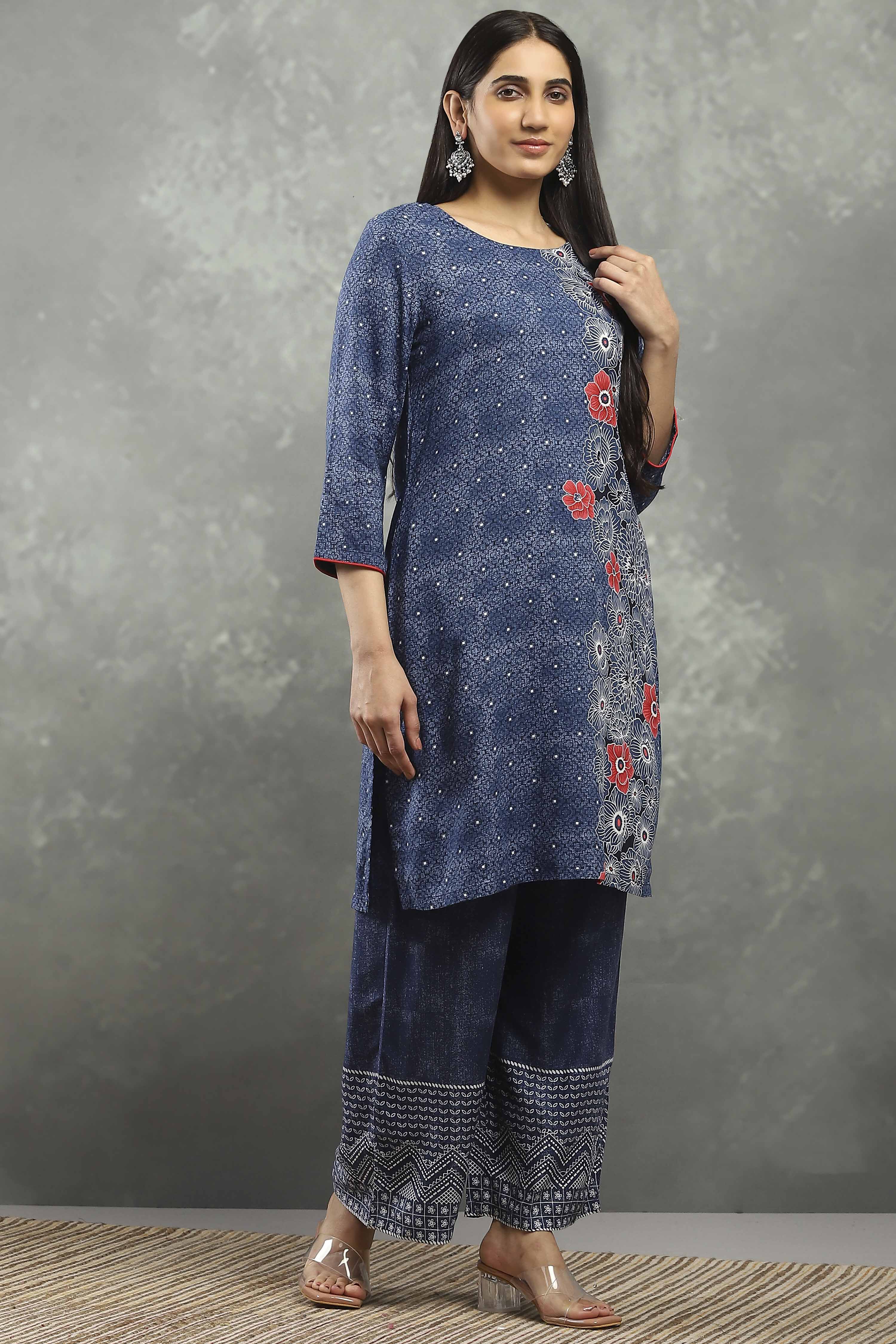 Blue Viscose Straight Kurta Pants Set image number 5